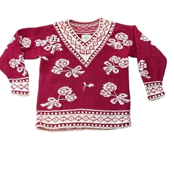 Vintage Cie International Magenta Pink Beaded Floral Hand-Knitted Sweater XS - Picture 2 of 14